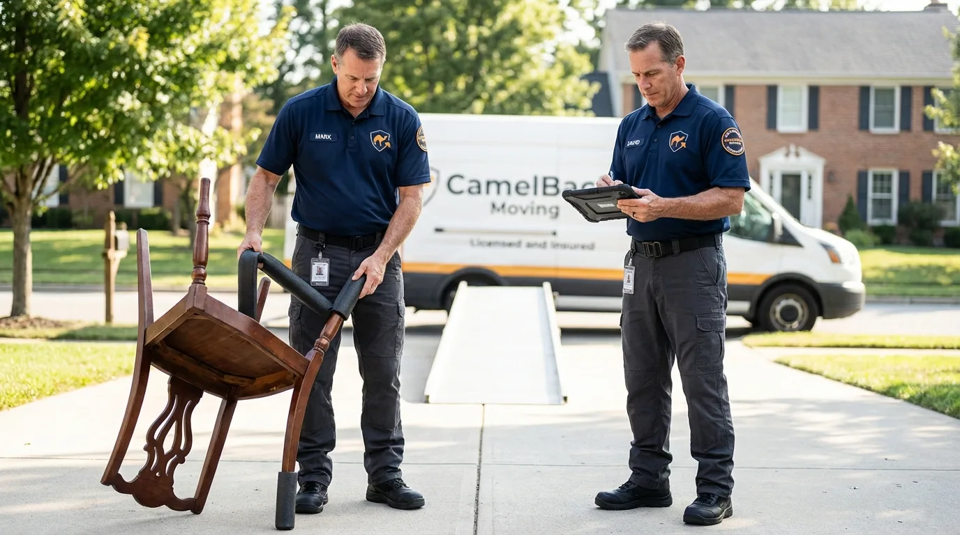Movers inspecting furniture for damage prevention before loading in Weirton, WV